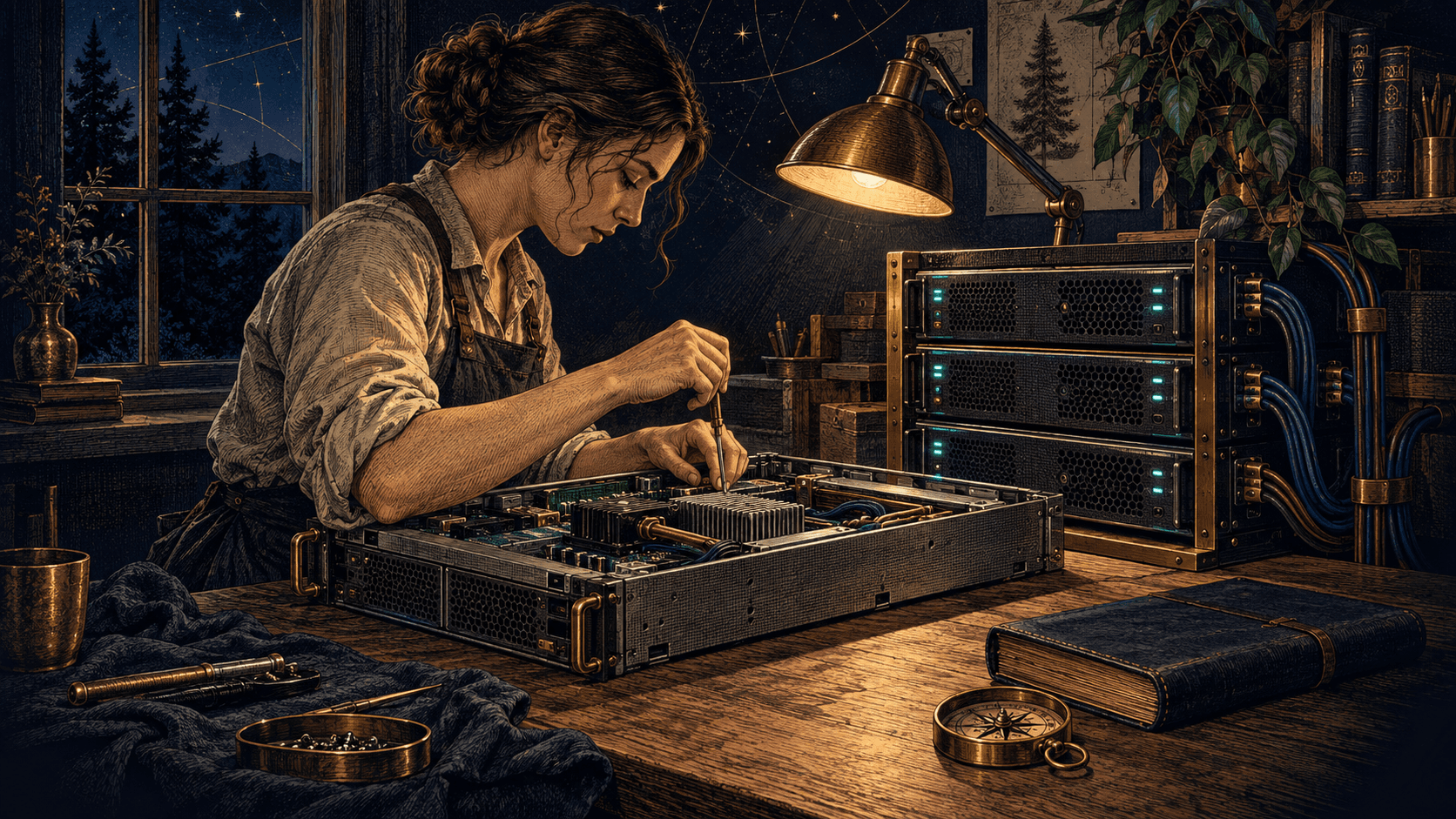 Engraved-style illustration of a technician maintaining a server at a workshop bench beside a compact rack of computing equipment.
