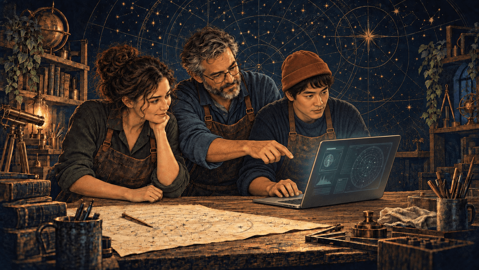 Engraved-style illustration of three people collaborating around a laptop in a warm workshop.