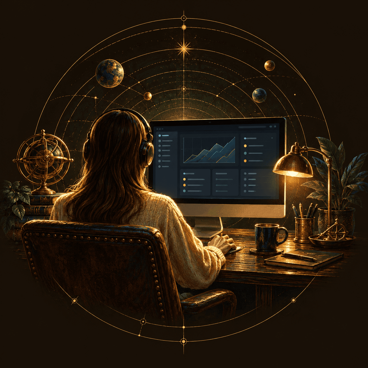 A business owner building a strategic plan in software beneath an illustrated celestial chart