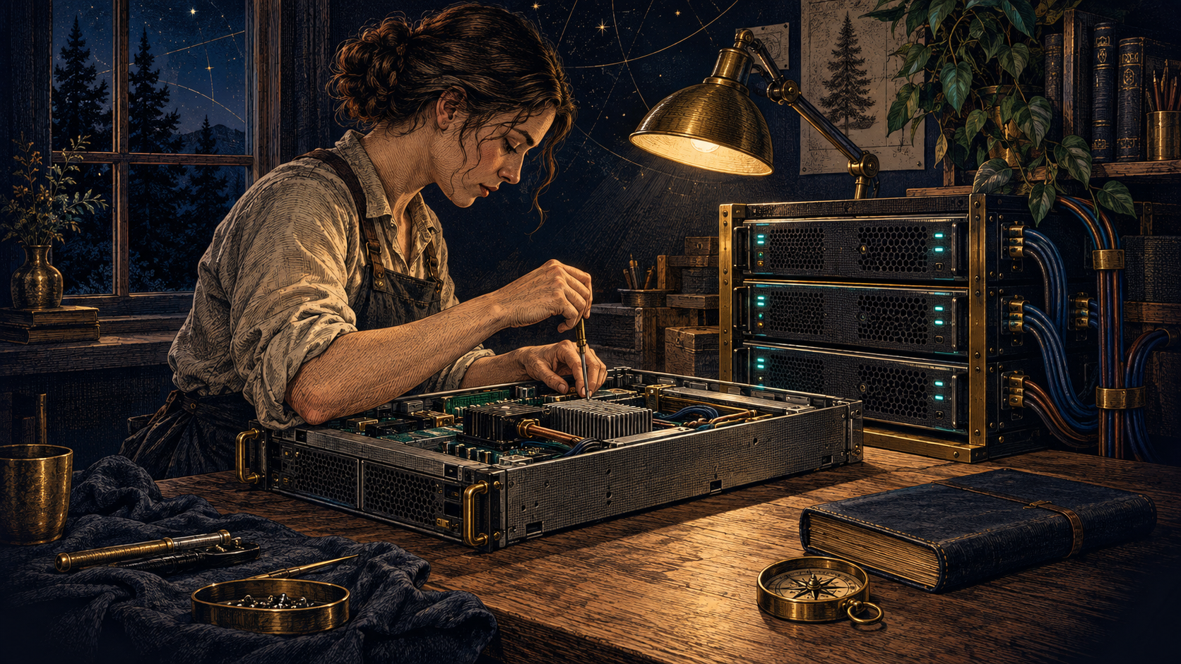 Engraved-style illustration of a technician maintaining a server at a workshop bench beside a compact rack of computing equipment.
