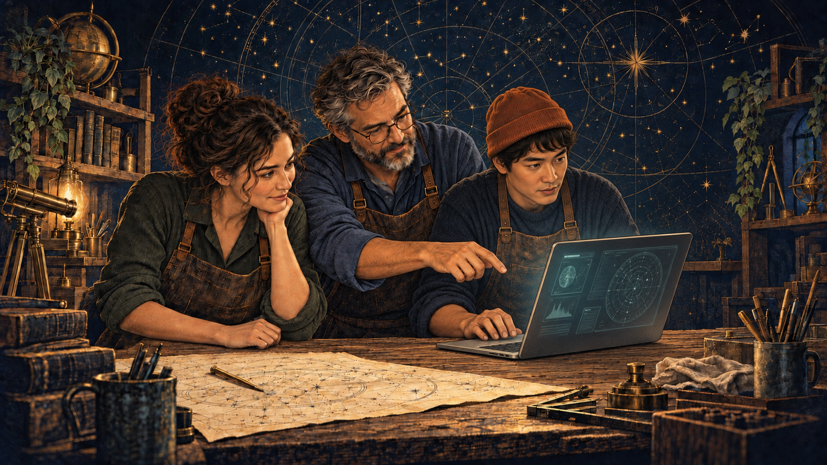 Engraved-style illustration of three people collaborating around a laptop in a warm workshop.